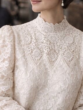 Vintage 80s Victorian Lace Blouse Ivory High Neck Romantic Top Modern Heirloom